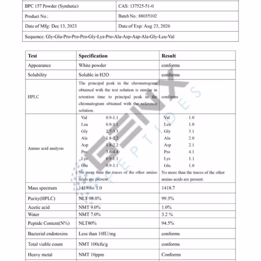 Certificate of analysis for BPC 157 powder.