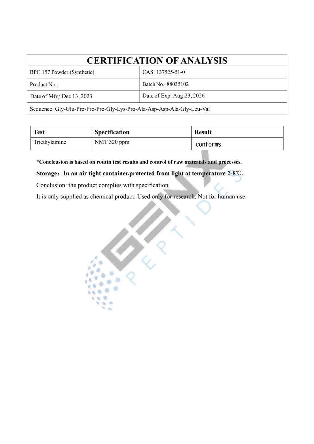 Chemical Certificate of Analysis for BPC 157 Powder.